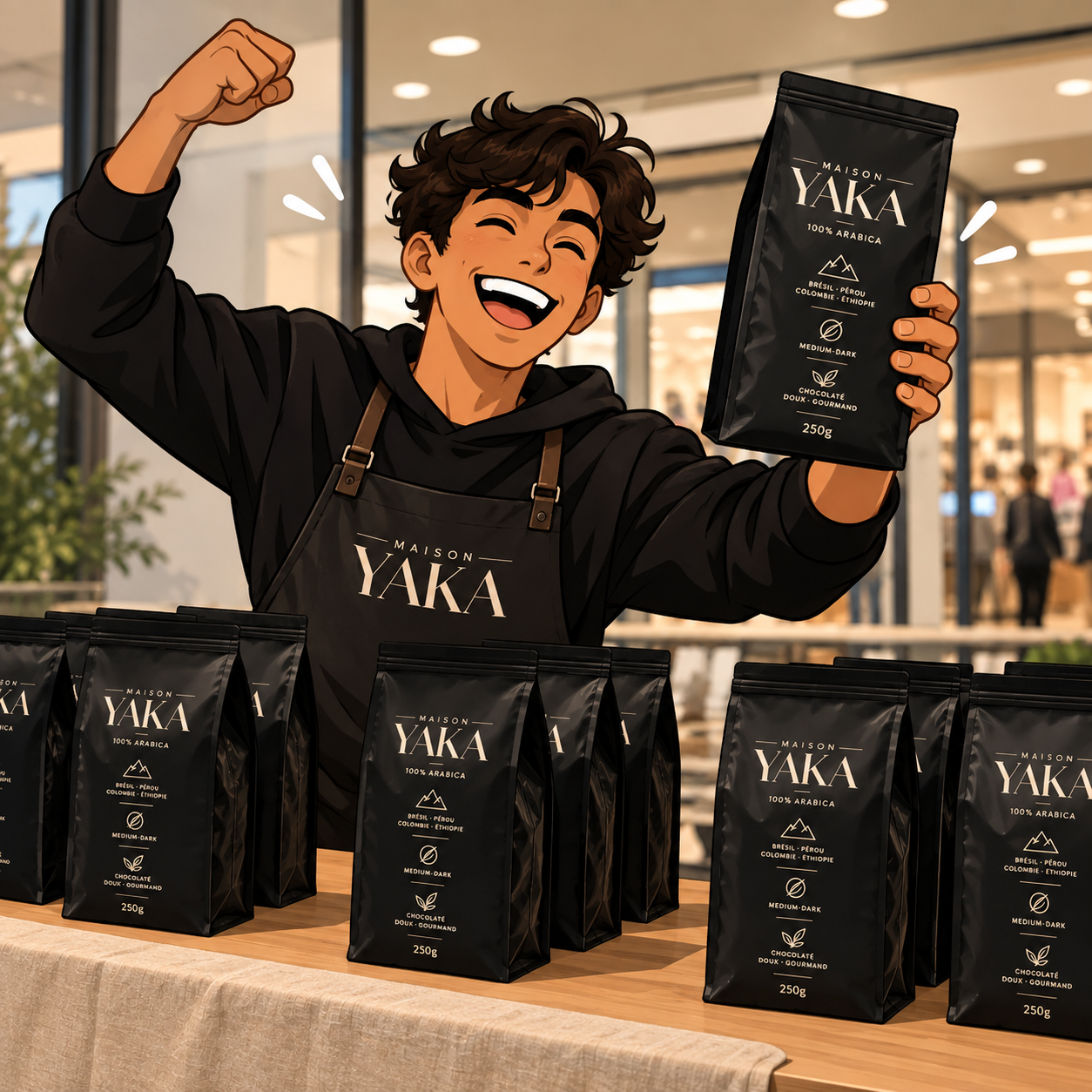 Animateur Maison Yaka présentant un paquet de café sur un stand