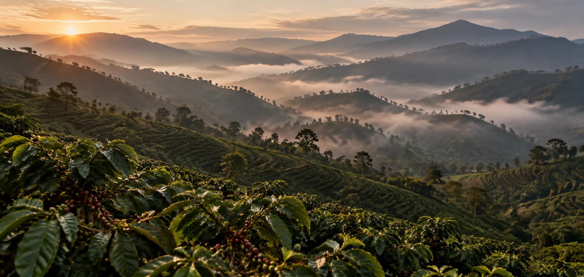Collines de caféiers en altitude dans la brume du matin