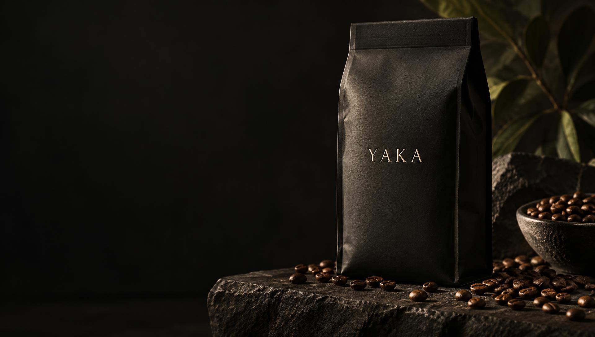 Grains de café YAKA sur une pierre volcanique